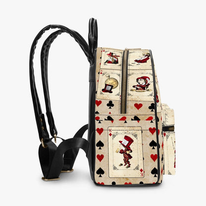 side view showing the strong straps on the Vintage retro red white and cream Alice in Wonderland playing cards print small backpack at Gallery Serpentine