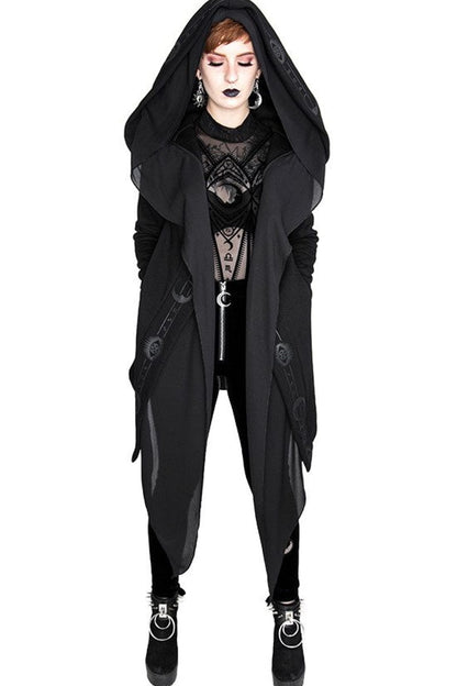 black gothic pagan witch hoodie with moon symbols and oversized hood 4