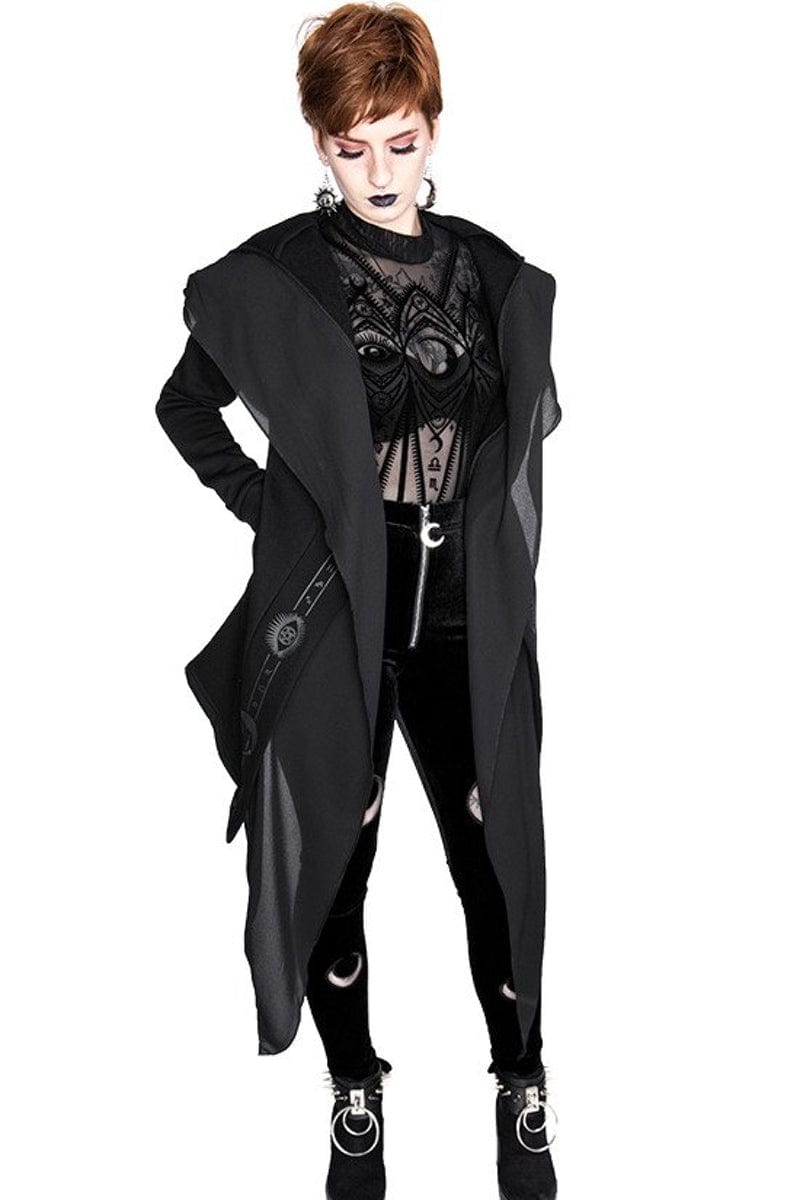 gothic model in the black gothic pagan witch hoodie with moon symbols and oversized hood