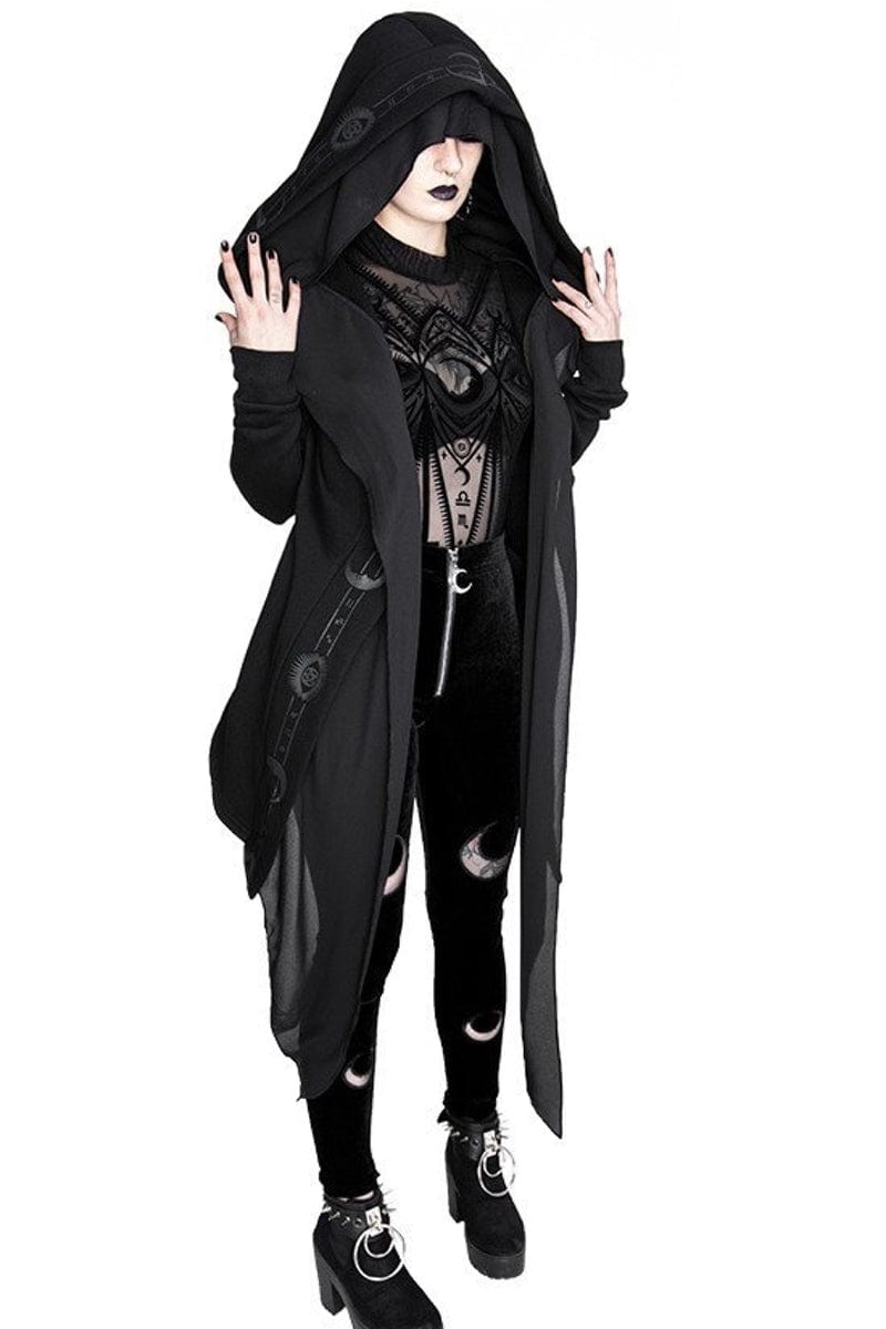black gothic pagan witch hoodie with moon symbols and oversized hood 3