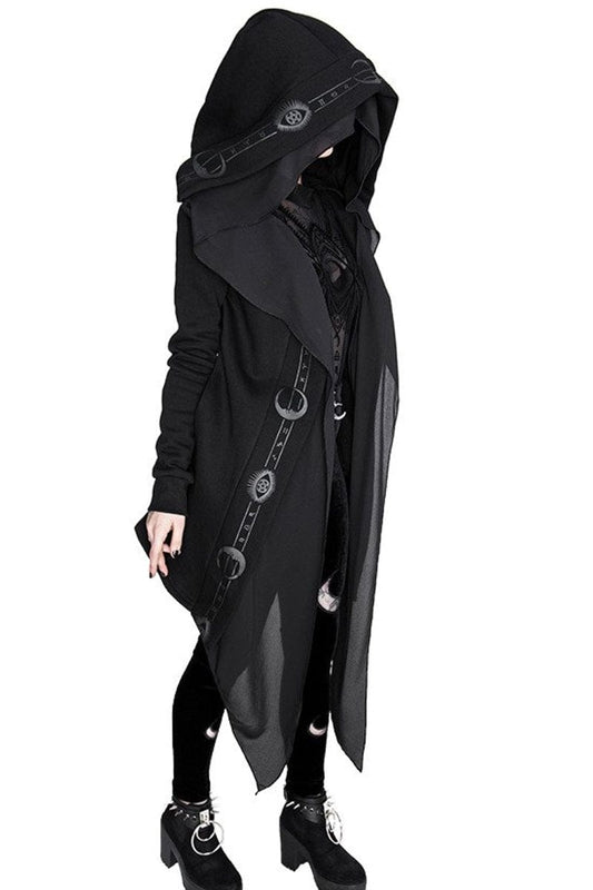 black gothic pagan witch hoodie with moon symbols and oversized hood