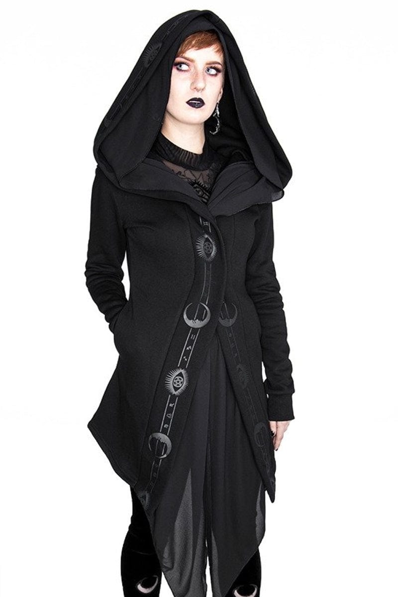 moon symbology on the black gothic pagan witch hoodie with moon symbols and oversized hood