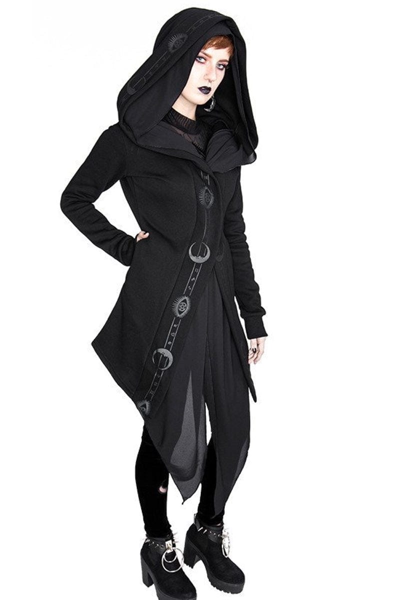 black gothic pagan witch hoodie with moon symbols and oversized hood 1