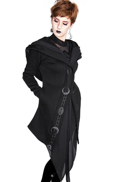 side view of the black gothic pagan witch hoodie with moon symbols and oversized hood