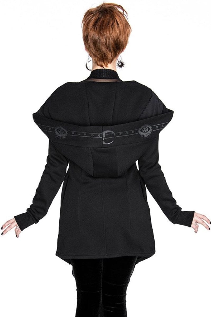 back view with hood down of the black gothic pagan witch hoodie with moon symbols and oversized hood