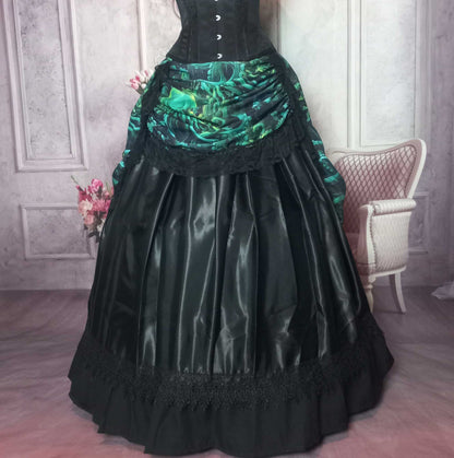 front view of the Call of Cthulhu victorian high low bustle skirt, made to measure in Australia, worn over a black under skirt and boned petticoat