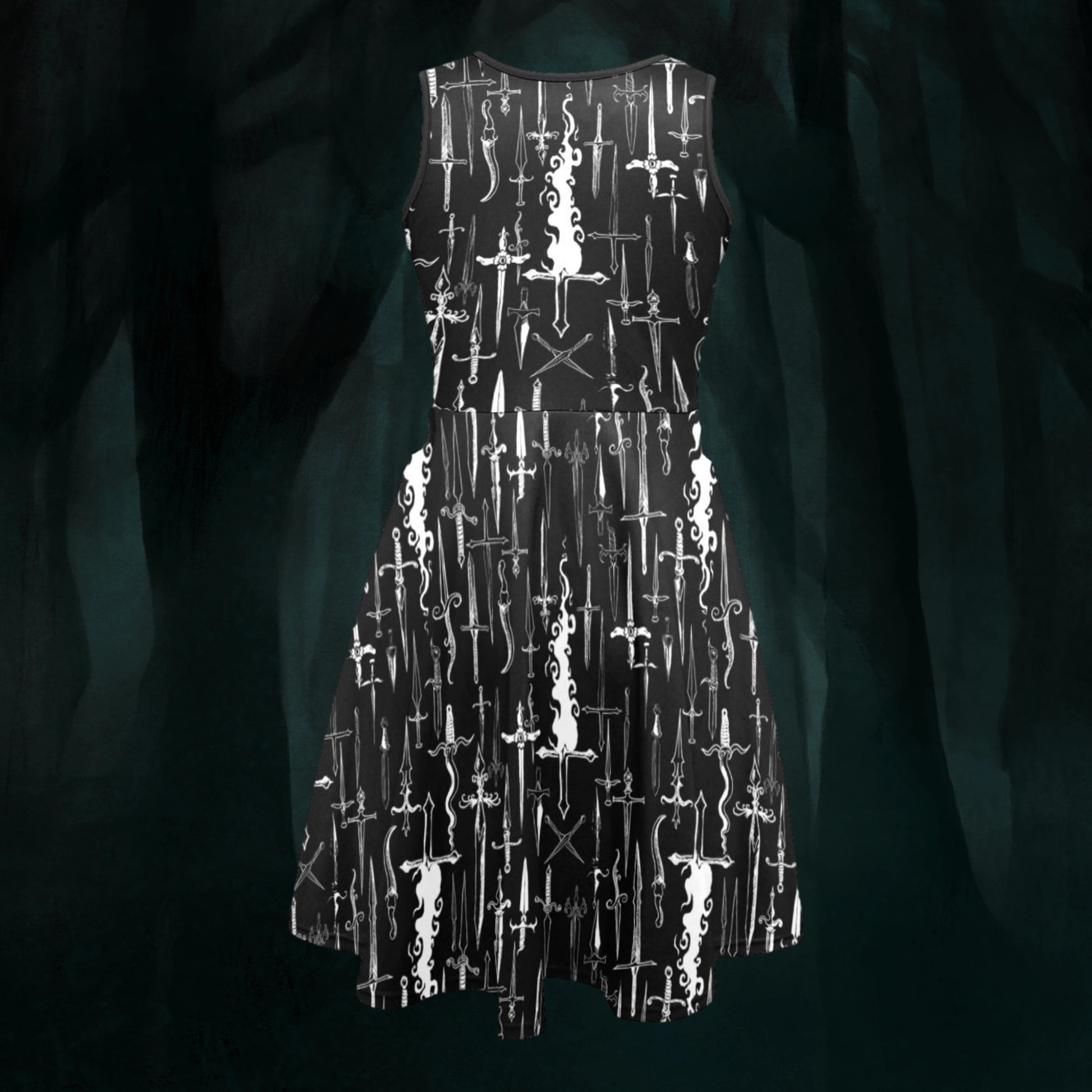 Dress with sword pattern on a dark background, back view