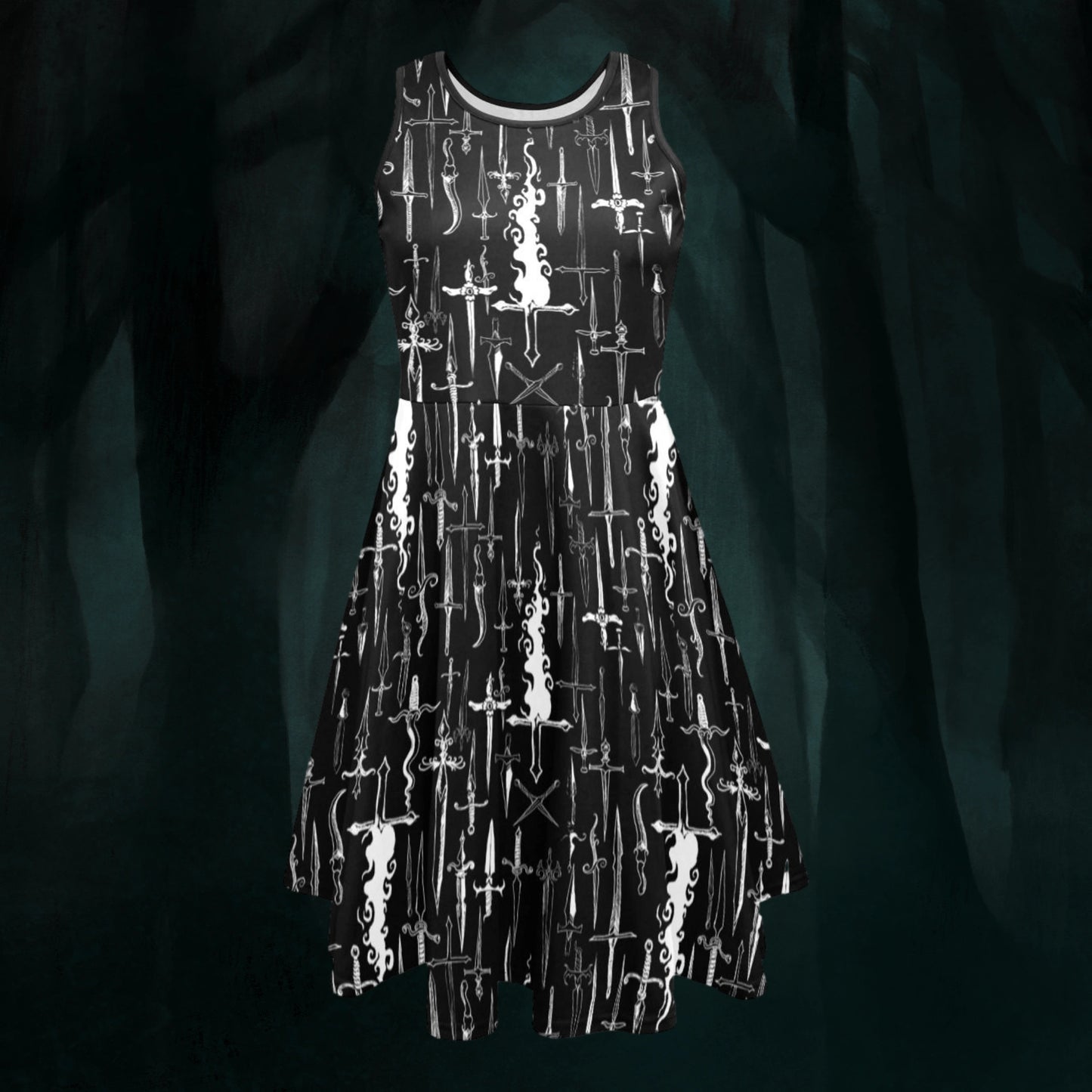 Black dress with white dagger pattern, front view on a dark enchanted green forest background