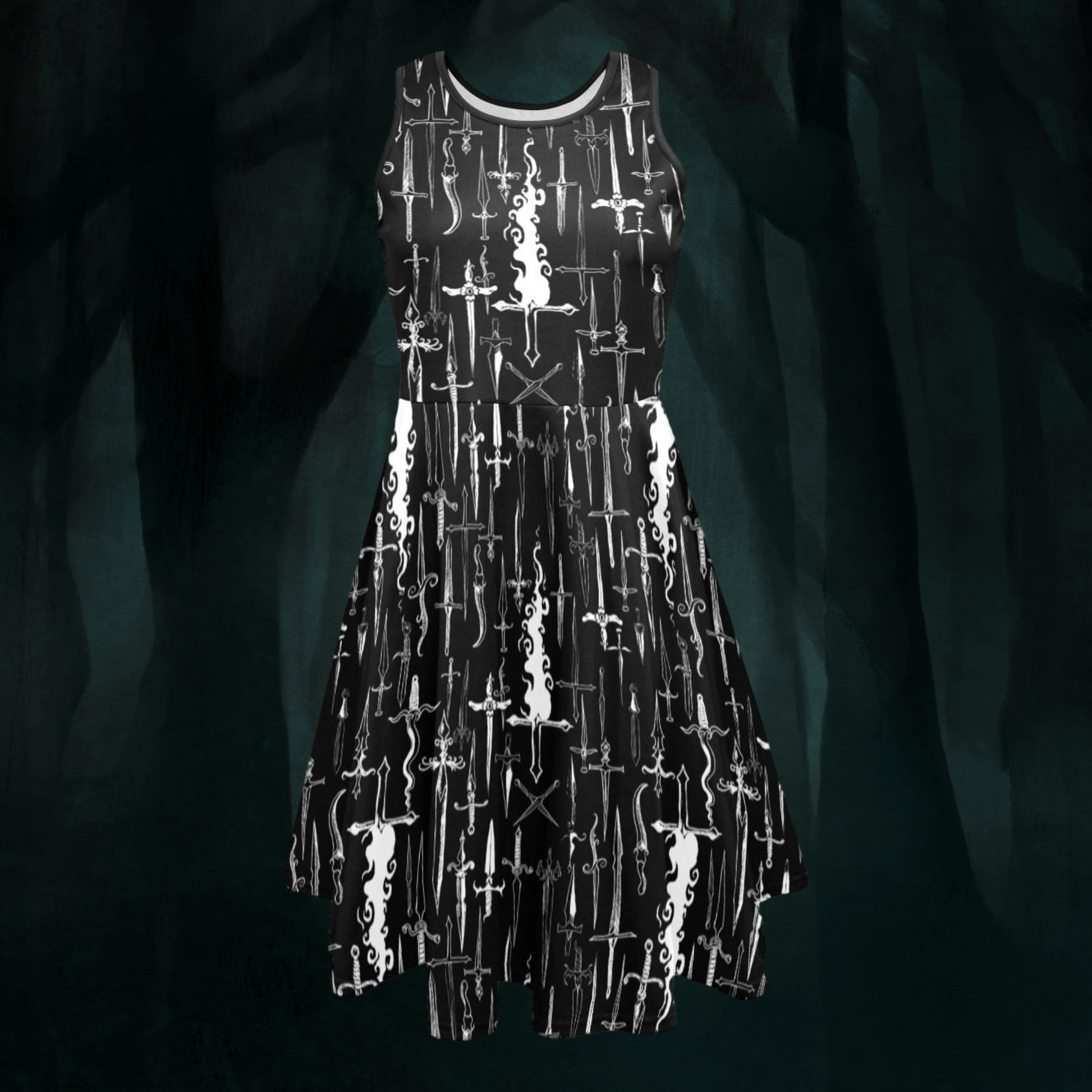 Black dress with white dagger pattern, front view on a dark enchanted green forest background