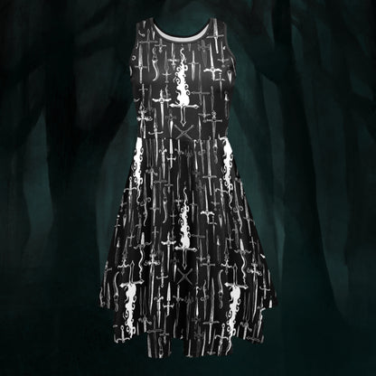 Black dress with white dagger pattern, front view on a dark enchanted green forest background