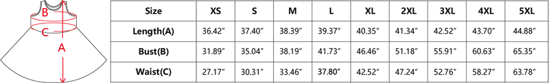 Dress size chart with measurements in inches