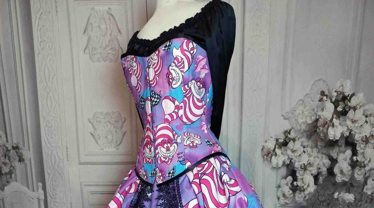 gallery serpentine australian made over bust corset custom sized cheshire cat corset in bright pinks, blues, purples