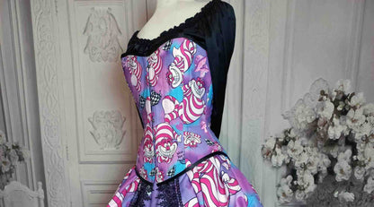 gallery serpentine australian made over bust corset custom sized cheshire cat corset in bright pinks, blues, purples