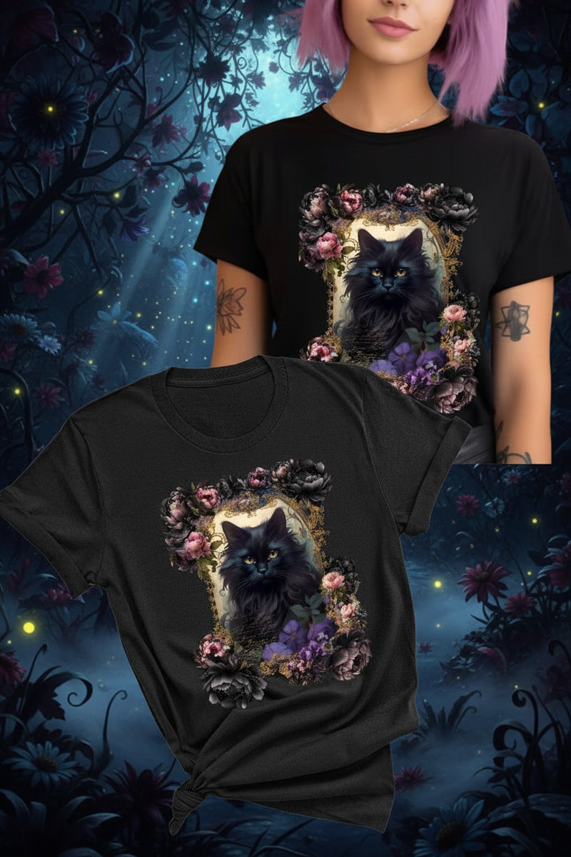 Black fluffy cat surrounded by a midnight garden of peonies and dark florals on a quality AS Colour Maple T-shirt from Gallery Serpentine being worn on a model and also shown styled