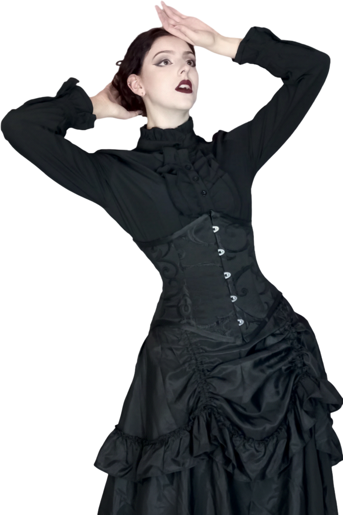 Woman wearing a black Victorian-style dress on a white background
