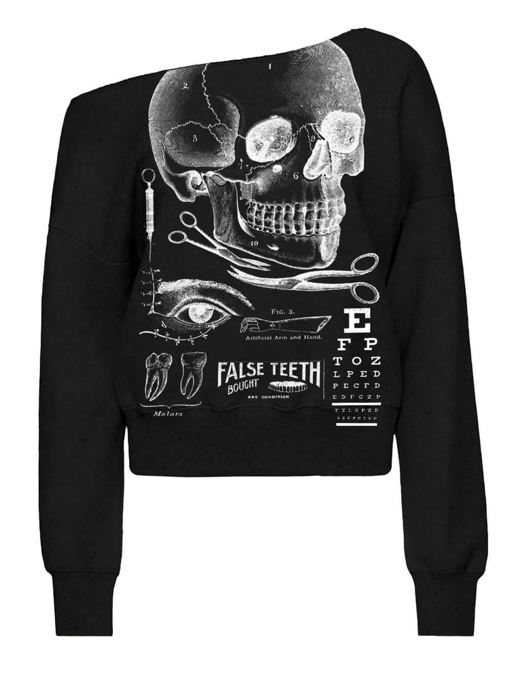 close up image of the raw edge off the shoulder sweatshirt featuring a vintage x-ray screen print of victorian medical malpractice chart from Se7en Deadly, made in the USA, available at Gallery Serpentine