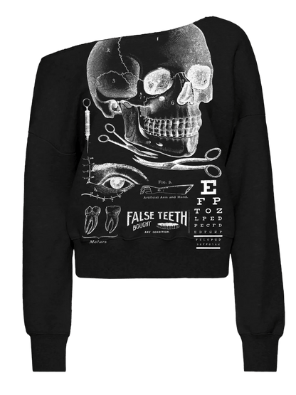 close up image of the raw edge off the shoulder sweatshirt featuring a vintage x-ray screen print of victorian medical malpractice chart from Se7en Deadly, made in the USA, available at Gallery Serpentine