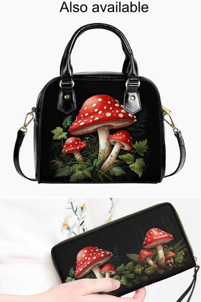 red and white toadstools amongst green leaves on a cottagecore vegan wallet with matching handbag