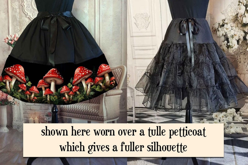 red toadstool mid length skirt shown with black tulle petticoat beside it