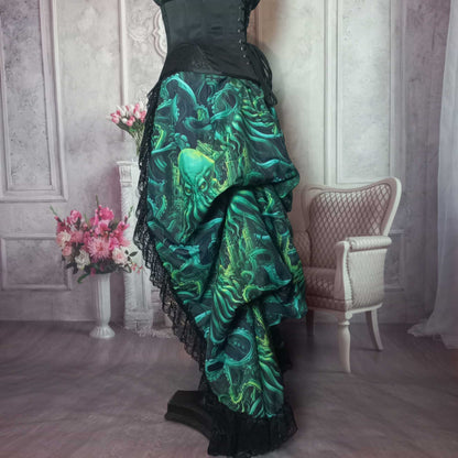 side view of the Call of Cthulhu victorian high low bustle skirt, made to measure in Australia