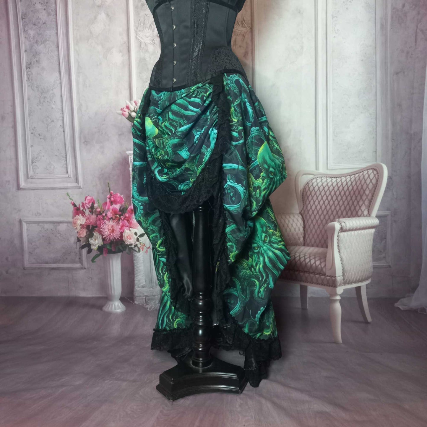 side front view of the Call of Cthulhu victorian high low bustle skirt, made to measure in Australia