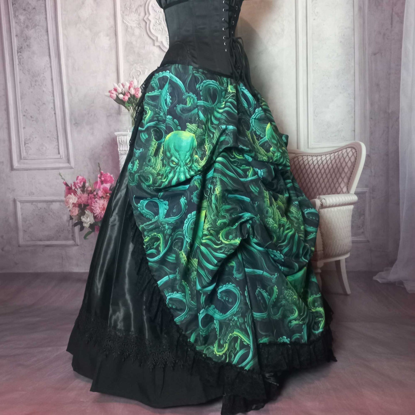 side view of the Call of Cthulhu victorian high low bustle skirt, made to measure in Australia worn over a boned petticoat and underskirt