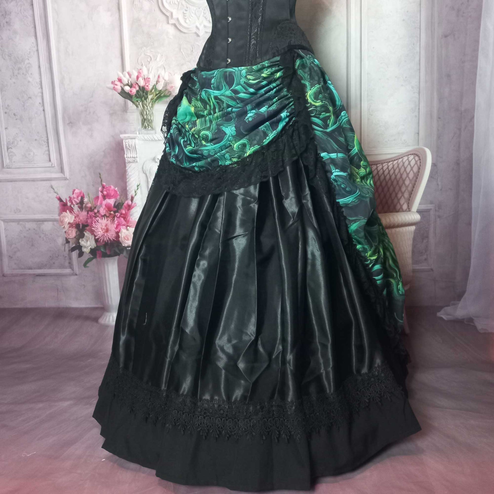 side front view of the Call of Cthulhu victorian high low bustle skirt, made to measure in Australia worn over a black satin under skirt and boned petticoat