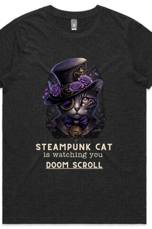 steampunk cat is watching you doom scroll asphalt marle womens AS Colour Maple tshirt at Gallery Serpentine