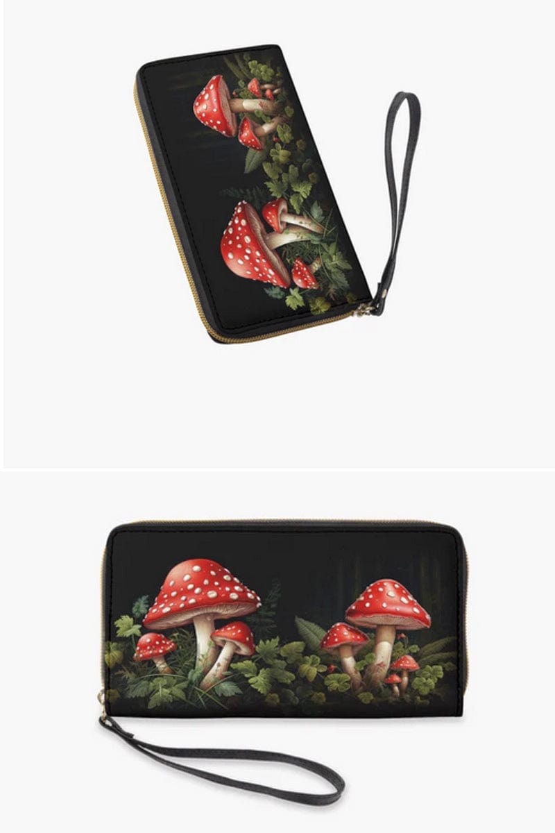 different views of the red and white toadstools amongst green leaves on a cottagecore vegan wallet