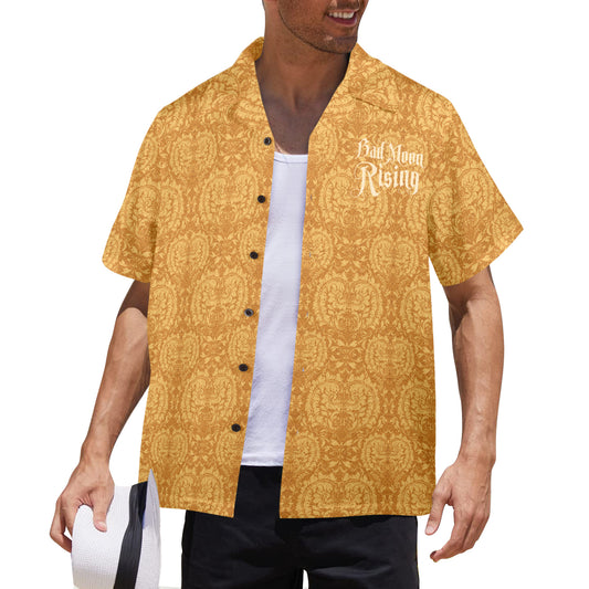 Man wearing a yellow patterned shirt with 'Bad Moon Rising' text on a white background