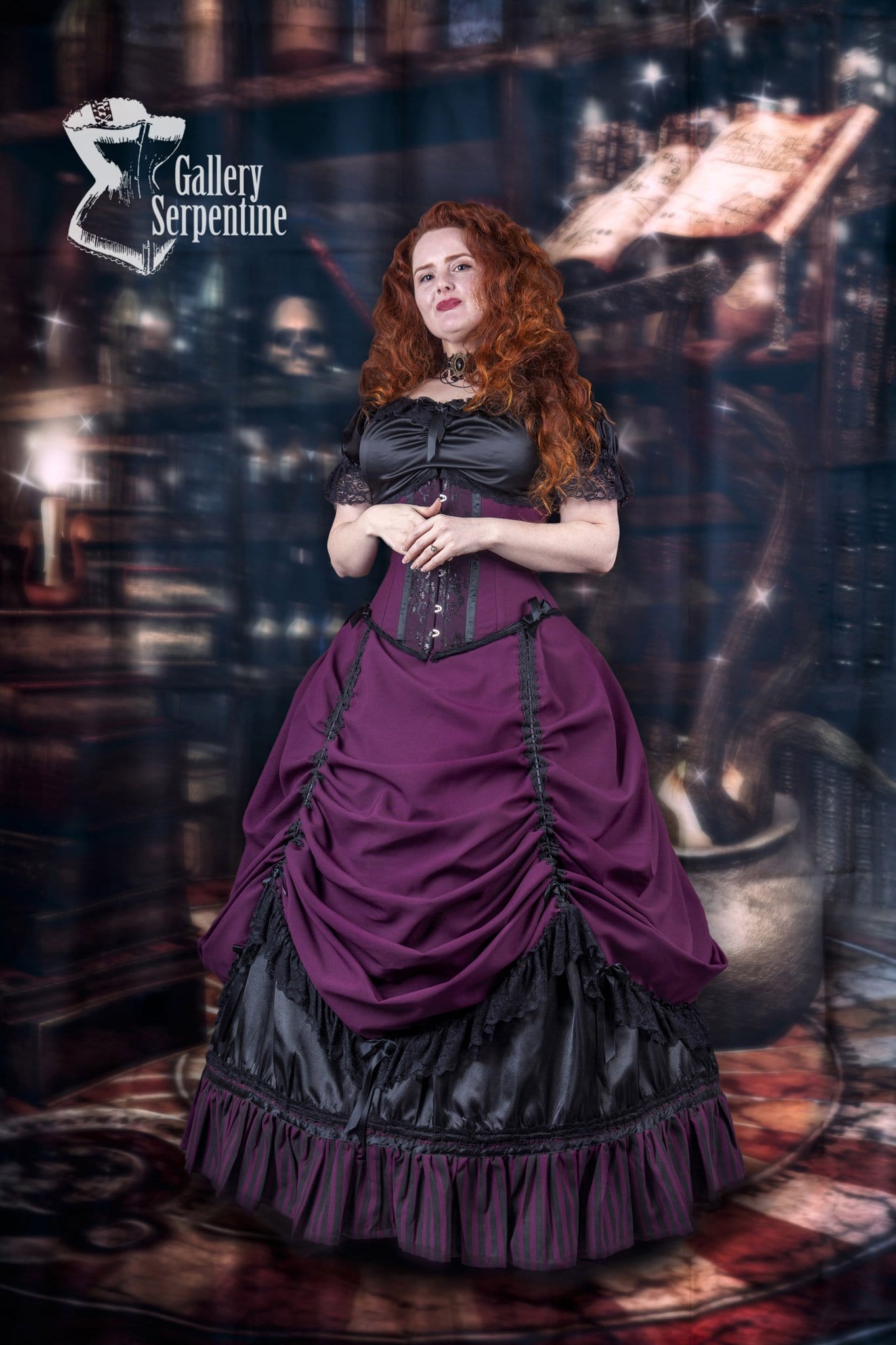 victorian cosplayer gown shown in a Hogwarts setting