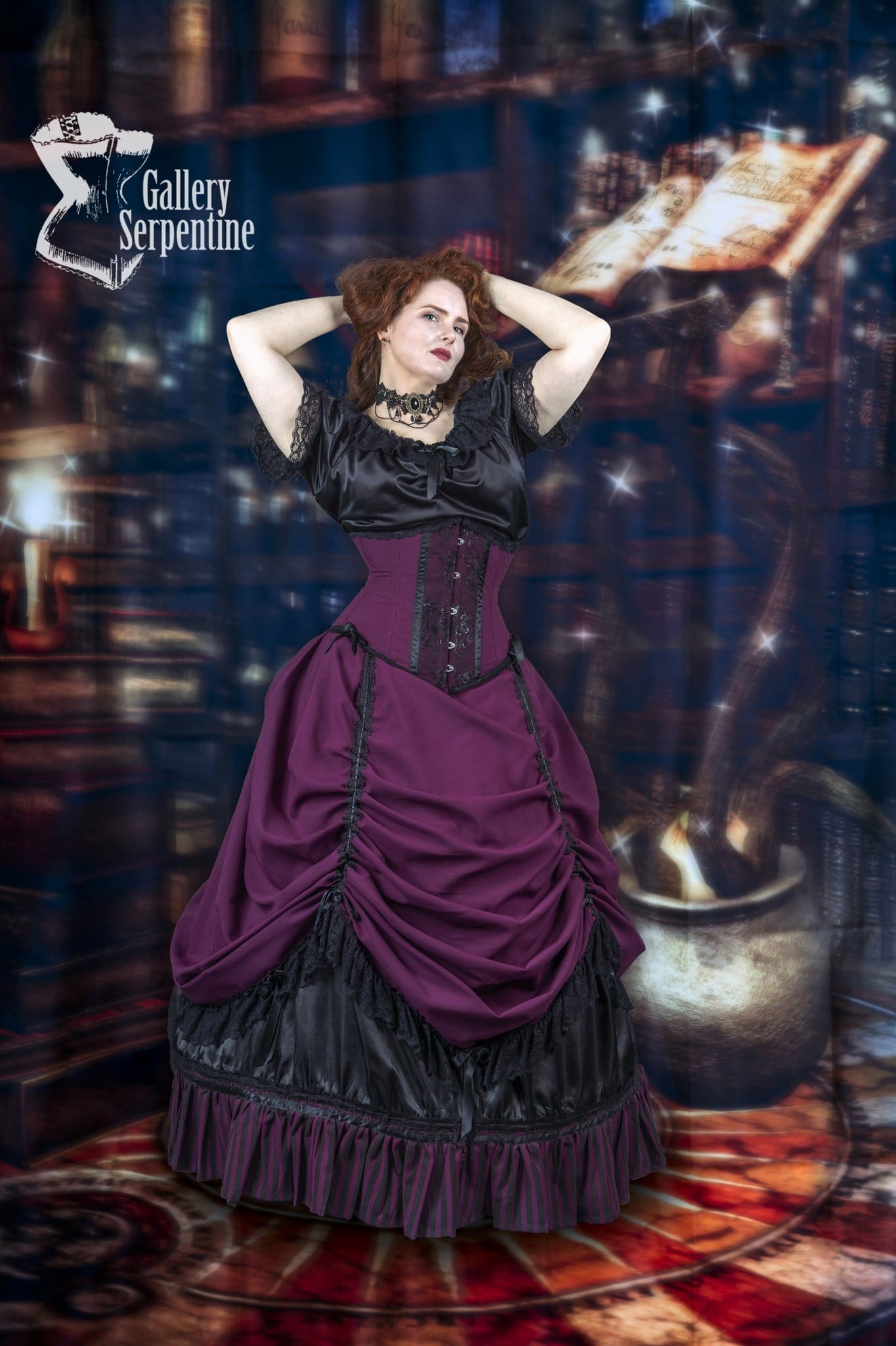 model shows the waist reduction she is getting in the Burgundy Beauty under bust corset