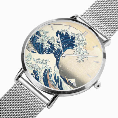 close up on the silver version of The Great Wave watch from Gallery Serpentine