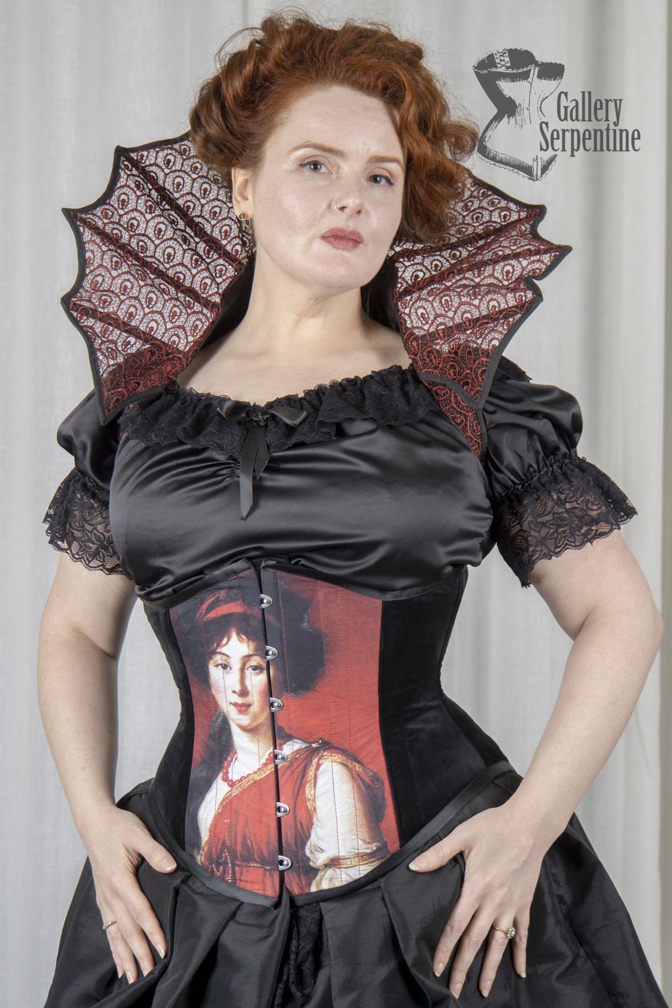 front view of the new pre raphaelite digitally printed under bust corset made to measure