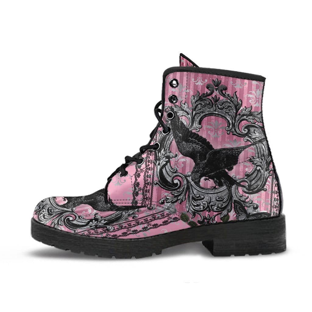 side view of the Gothic boots printed with a black raven in a victorian grey & pink background
