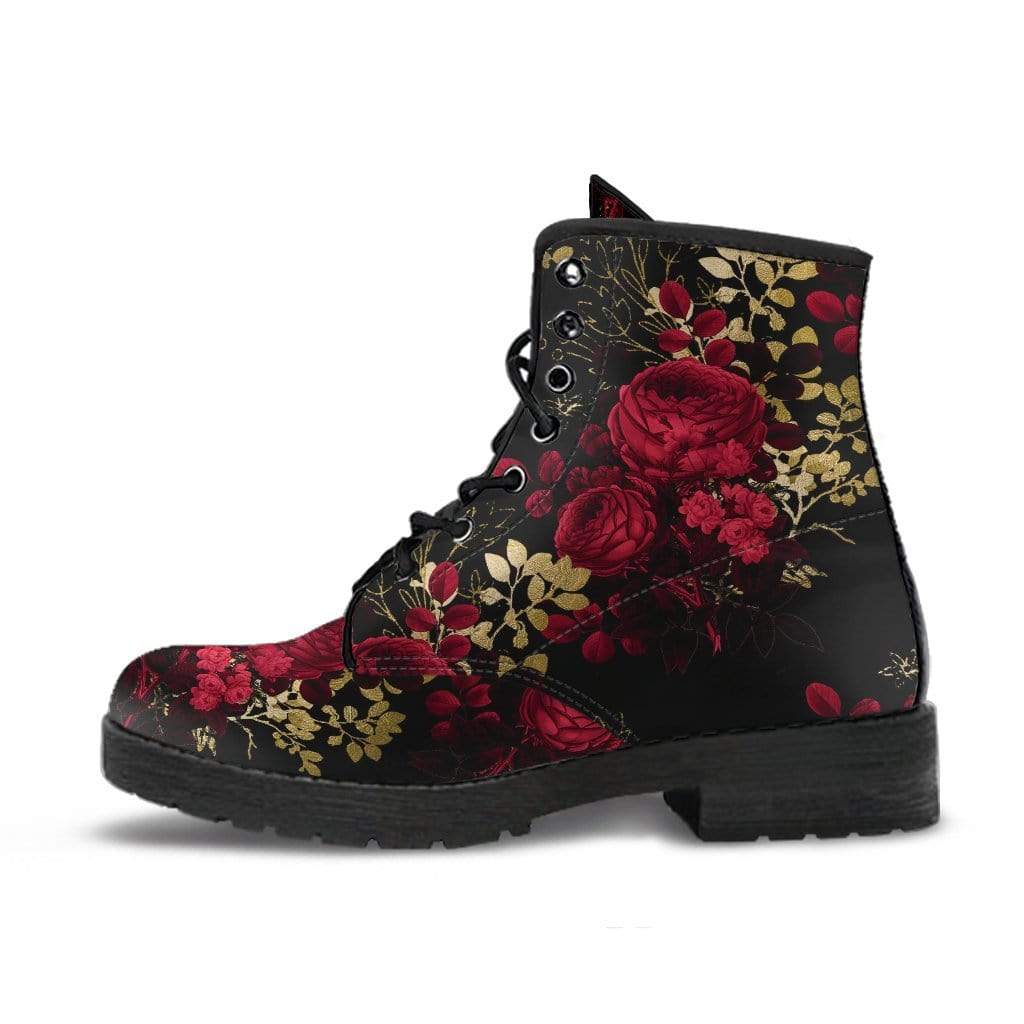 side profile view of the red roses printed combat boots