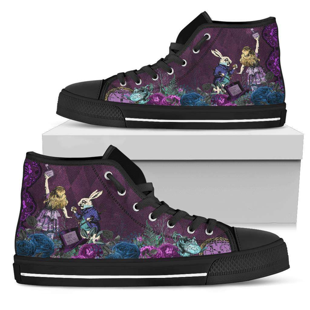 pair of purple Alice in Wonderland hi top sneakers at Gallery Serpentine