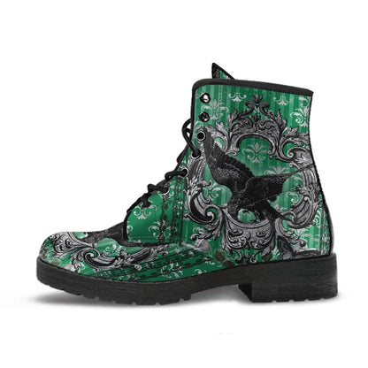 side view of the gothic raven in green background on pair of vegan leather boots