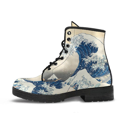 side view of the The Great Wave famous Japanese painting on vegan leather custom made boots at Gallery Serpentine