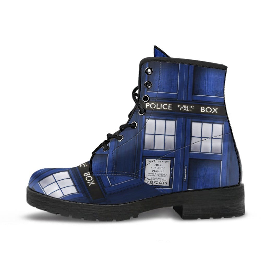 up close side view of the police box tardis print in blue on the gothic vegan combat boots