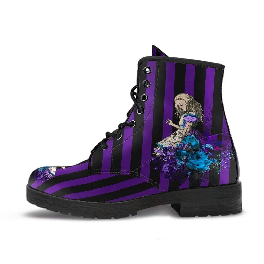 Gothic Purple Stripe Alice in Wonderland Print Boots Dark Alice