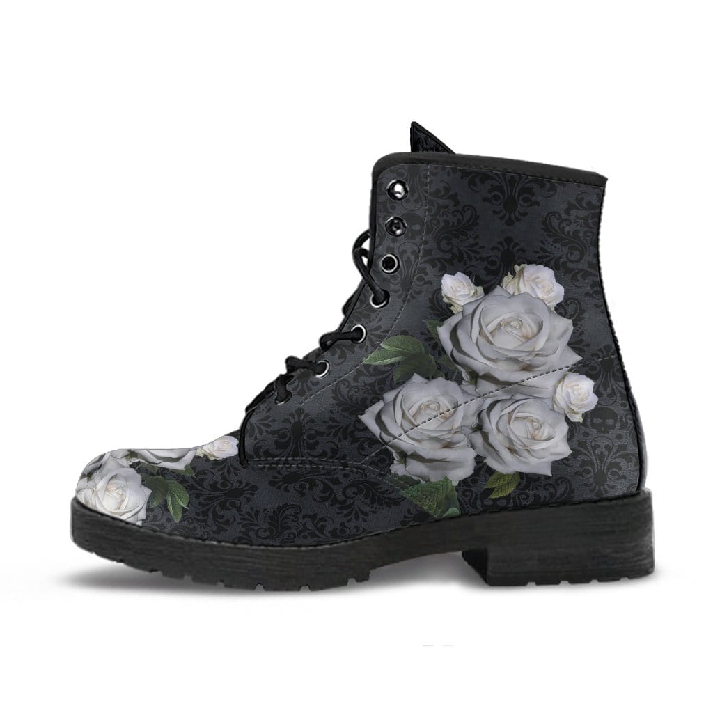 renaissance patterned gothic boot made from vegan leather featuring bunches of white roses