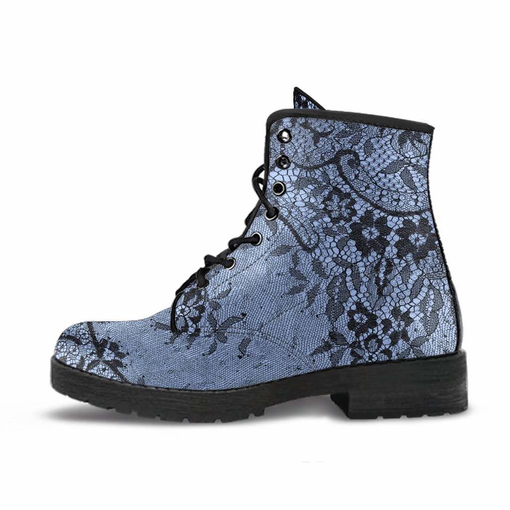 up close on side profile of the baby blue black gothic lace printed vegan leather boots at Gallery Serpentine
