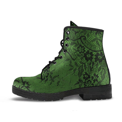 single side view of the green vegan leather boots with a black gothic lace overlay print