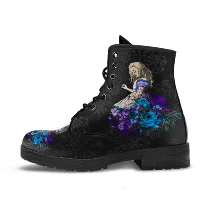 side view close up on the gothic Alice in Wonderland printed vegan combat boots Gallery Serpentine