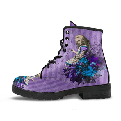 side view of the vegan leather custom printed boots with lilac lavender purple Alice in Wonderland