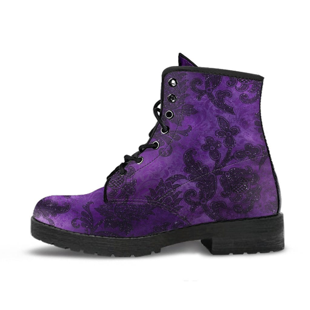 close up view of the purple damask print on the gothic vegan boots