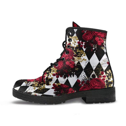side profile of the Gothic Red Rose and diamond harlequin printed vegan combat boots at Gallery Serpentine