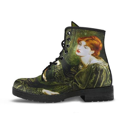 up close side view of the Pre-Raphaelite painting on custom made boots