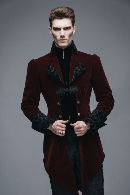 gorgeous gothic victorian dark red velvet men's tail coat for weddings, formals, cosplay, victorian costumes 2